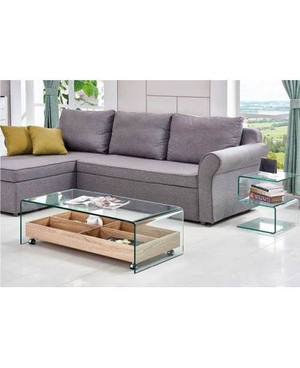 Mesa ARIANA, baja, cristal templado, madera,  110x55 cms